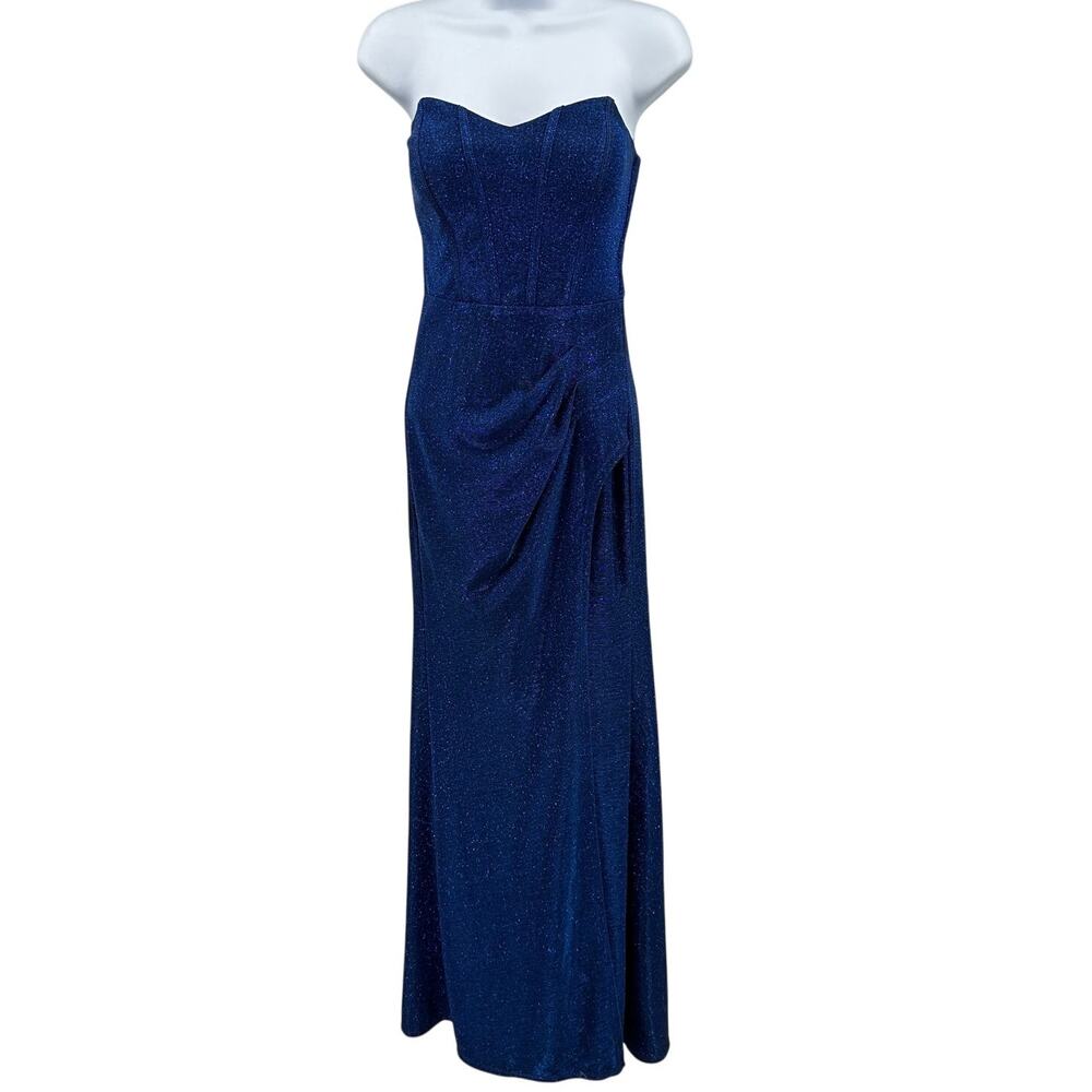 Social Couture Formal Gown SZ 3 Royal Blue Shimmer Strapless Ruched Evening Maxi